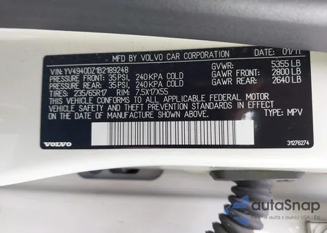 2011 Volvo Xc60 3.2 z USA, uszkodzony, nr VIN YV4940DZ1B2189248